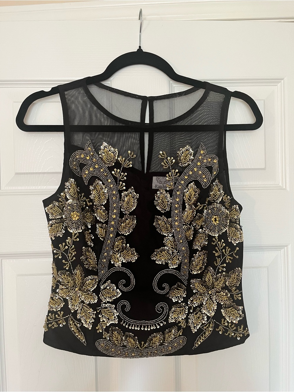 Black Mesh Camisole with Gold Floral Beadwork